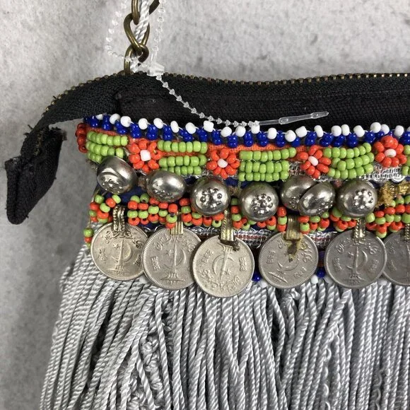 Elliot Mann Purse Beaded Fringe Coin Indie Firefly Boho Art to Wear Retro - Picture 5 of 16